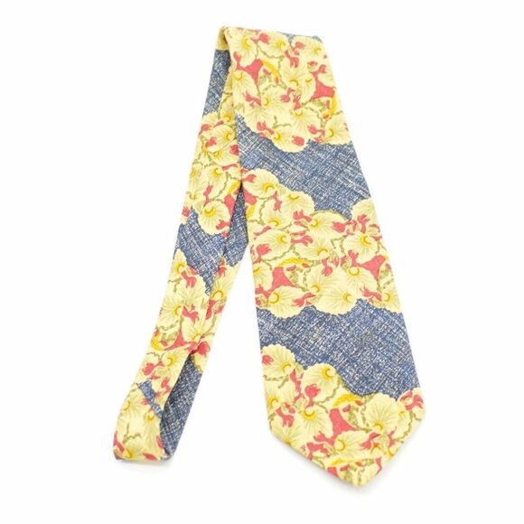 XMI Blue Green Tan Red Abstract Floral Jacquard Textured Print Wide Silk Tie - Picture 6 of 6